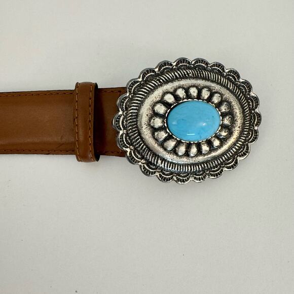 Richard Gampel Made in France Brown Leather Belt Blue Stone Western Size 30 main image 7